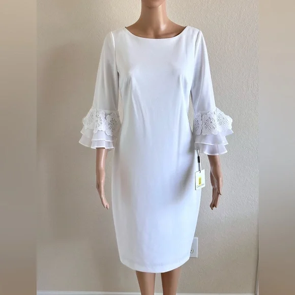 Calvin Klein Ruffle-Sleeve Sheath Dress - White 8 Calvin Klein Ruffle-Sleeve Sheath Dress - White 8